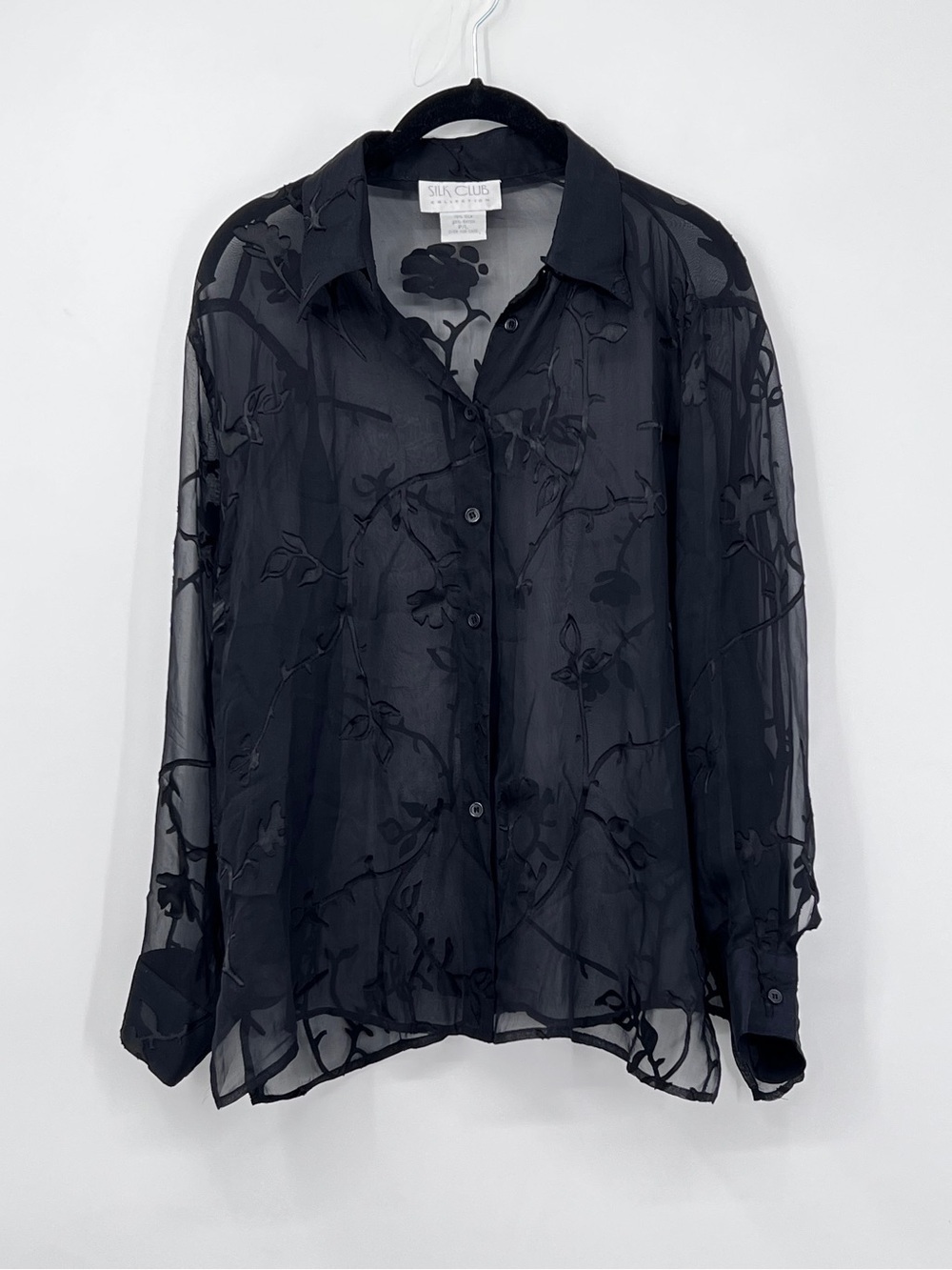 Silk Club Collection Vintage 1990’s Sheer Black Floral Button-Up Blouse P Large